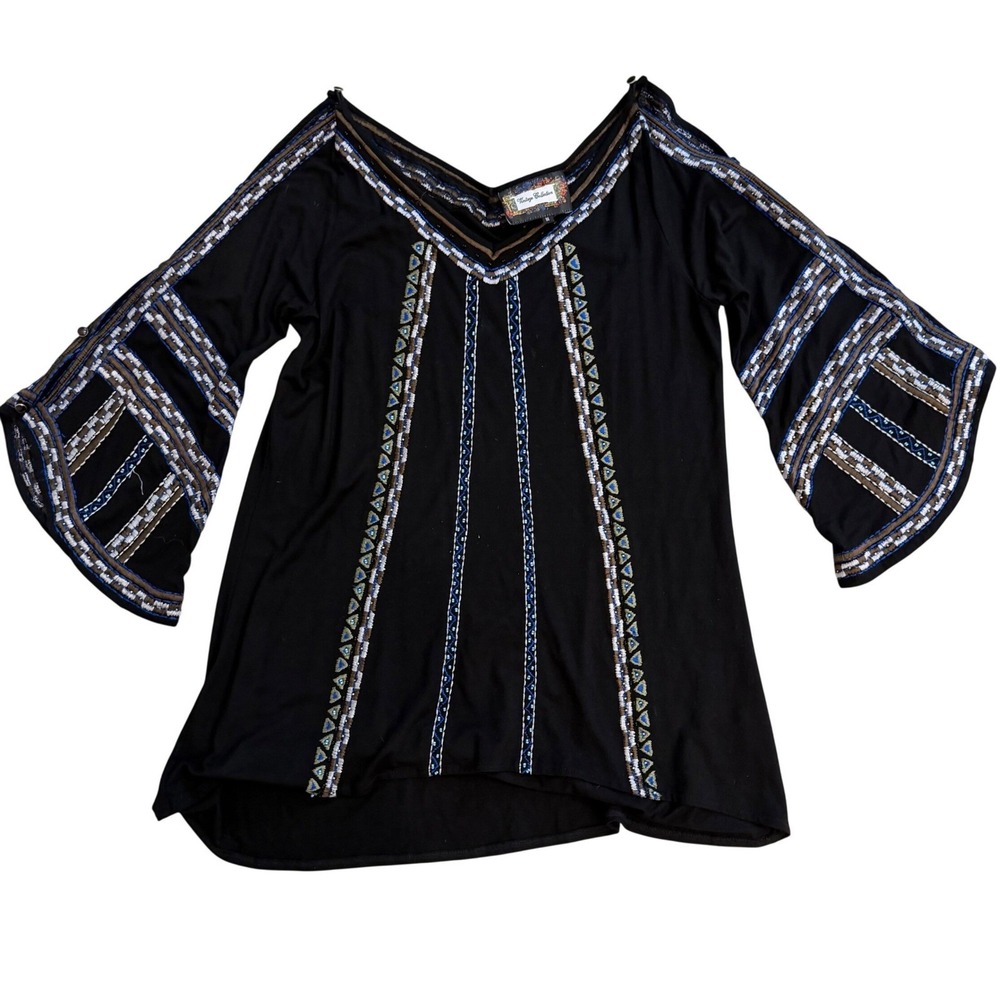 Vintage Collection Black Embroidered Beaded V-Neck Tunic Bell Sleeve M Boho NWOT